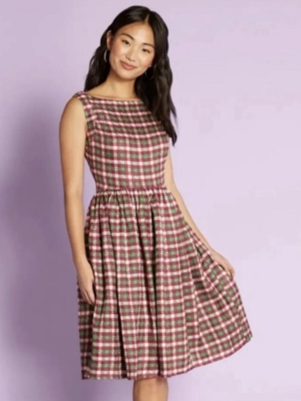 Saint Geraldine Plaid Sleeveless A-Line Dress in Burgundy and Cream
